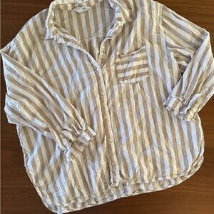 Old Navy Tan and White Striped Oversized Boyfriend Shirt